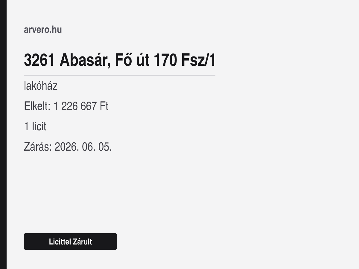 3261 Abasár, Fő út 170 Fsz/1 – lakóház – Licittel Zárult – Elkelt: 1 226 667 Ft – 1 licit – Zárás: 2026. 06. 05.