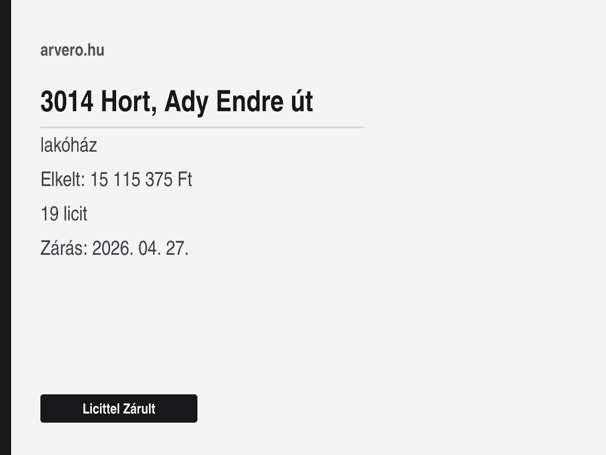 3014 Hort, Ady Endre út – lakóház – Licittel Zárult – Elkelt: 15 115 375 Ft – 19 licit – Zárás: 2026. 04. 27.