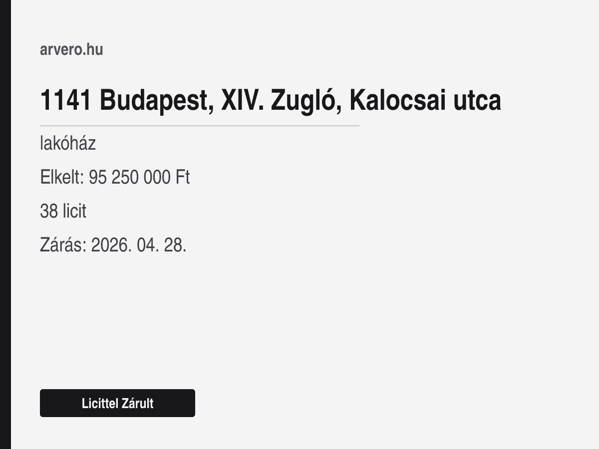 1141 Budapest, XIV. Zugló, Kalocsai utca – lakóház – Licittel Zárult – Elkelt: 95 250 000 Ft – 38 licit – Zárás: 2026. 04. 28.