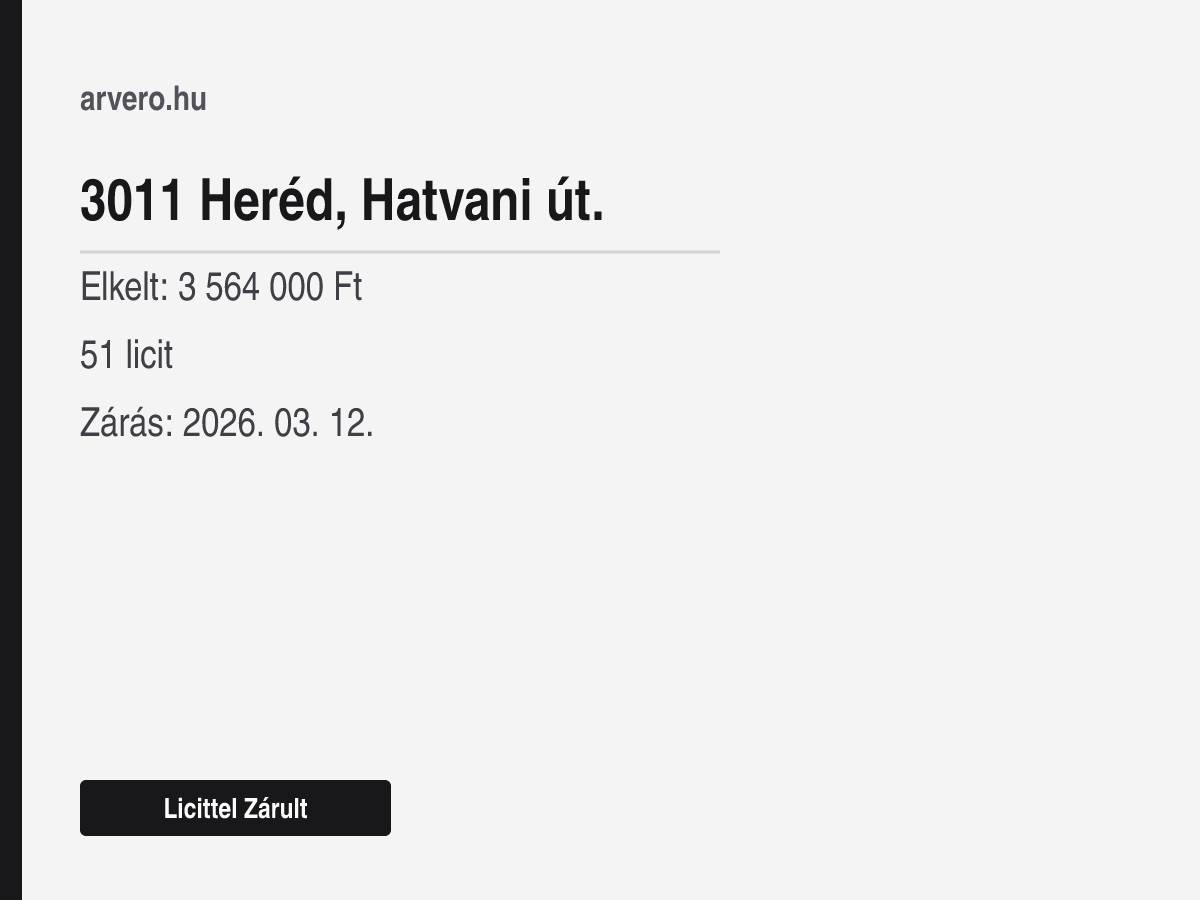 3011 Heréd, Hatvani út. – Licittel Zárult – Elkelt: 3 564 000 Ft – 51 licit – Zárás: 2026. 03. 12.