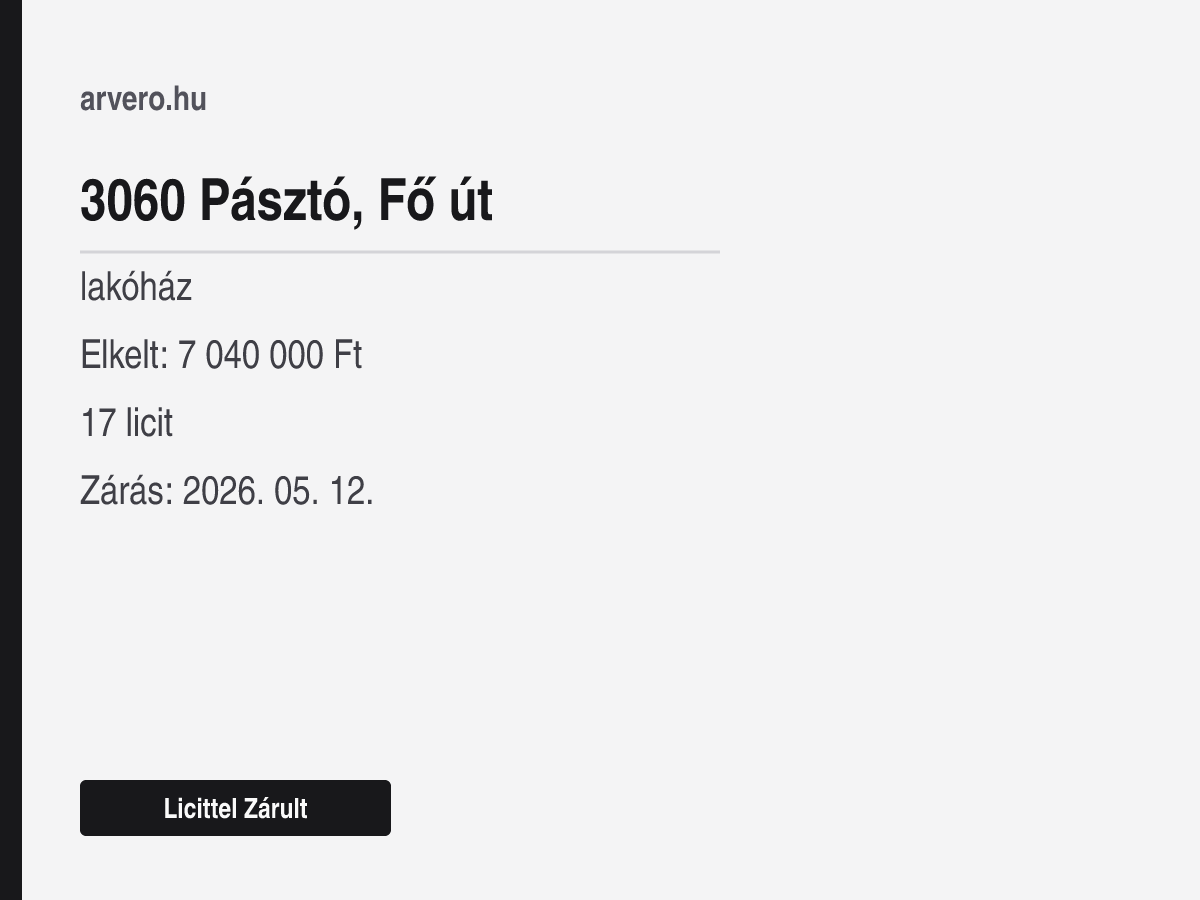 3060 Pásztó, Fő út – lakóház – Licittel Zárult – Elkelt: 7 040 000 Ft – 17 licit – Zárás: 2026. 05. 12.
