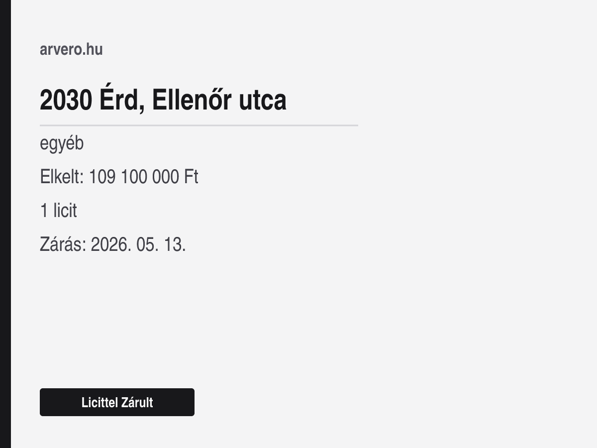 2030 Érd, Ellenőr utca – egyéb – Licittel Zárult – Elkelt: 109 100 000 Ft – 1 licit – Zárás: 2026. 05. 13.