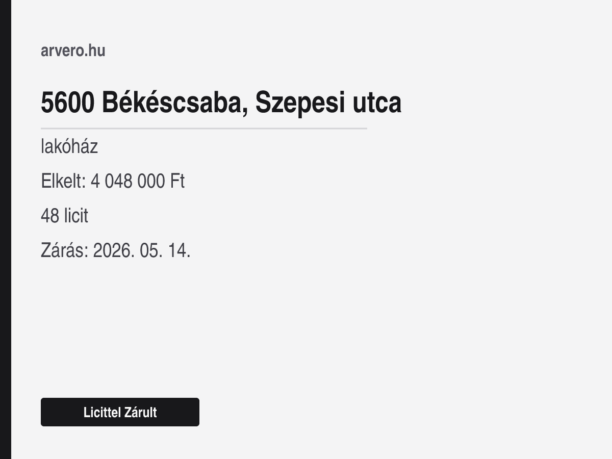 5600 Békéscsaba, Szepesi utca – lakóház – Licittel Zárult – Elkelt: 4 048 000 Ft – 48 licit – Zárás: 2026. 05. 14.