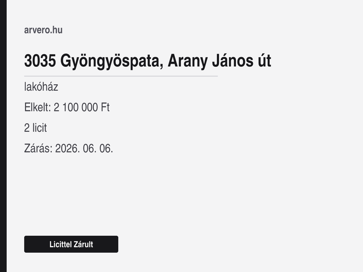 3035 Gyöngyöspata, Arany János út – lakóház – Licittel Zárult – Elkelt: 2 100 000 Ft – 2 licit – Zárás: 2026. 06. 06.