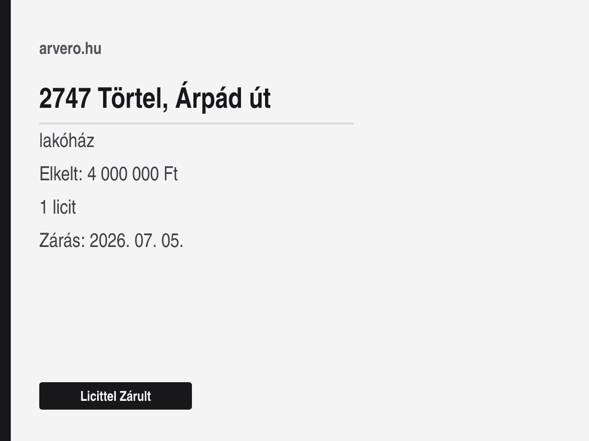 2747 Törtel, Árpád út – lakóház – Licittel Zárult – Elkelt: 4 000 000 Ft – 1 licit – Zárás: 2026. július 5.