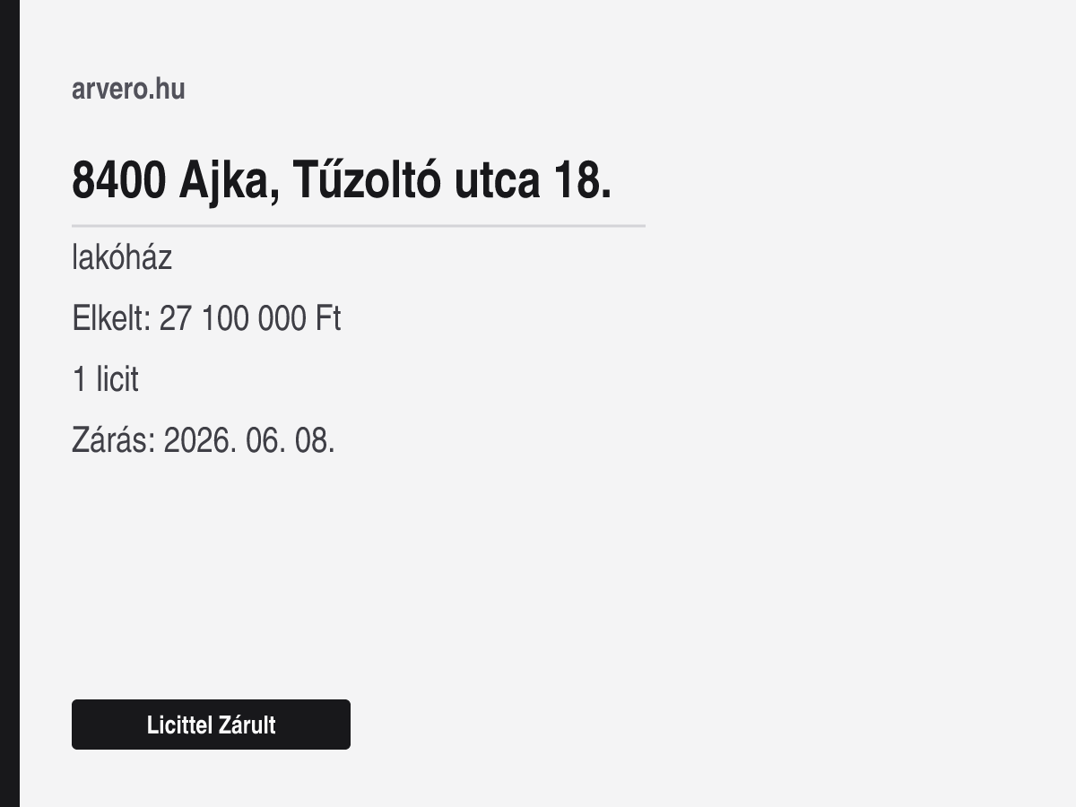8400 Ajka, Tűzoltó utca 18. – lakóház – Licittel Zárult – Elkelt: 27 100 000 Ft – 1 licit – Zárás: 2026. 06. 08.