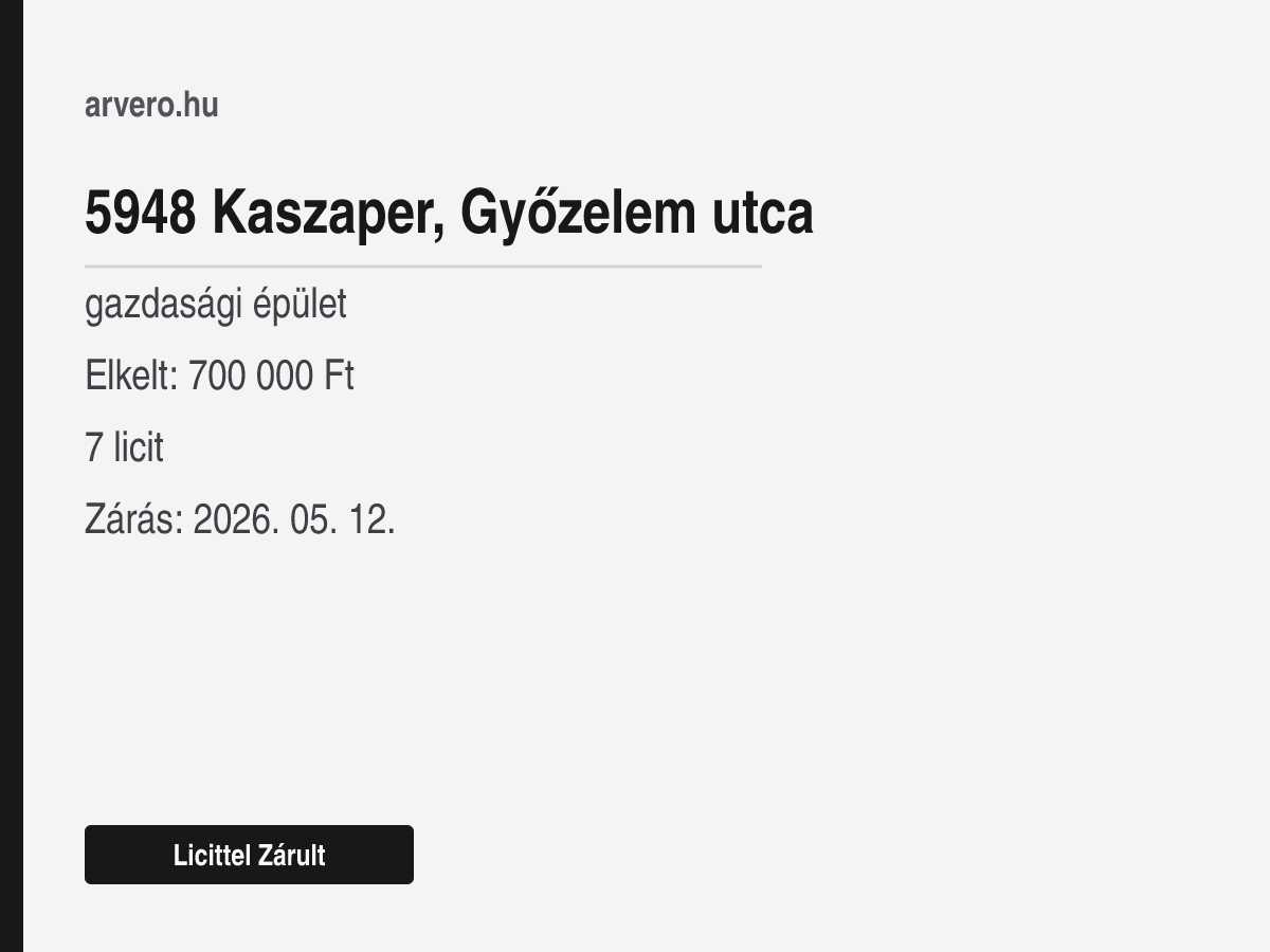 5948 Kaszaper, Győzelem utca – gazdasági épület – Licittel Zárult – Elkelt: 700 000 Ft – 7 licit – Zárás: 2026. 05. 12.