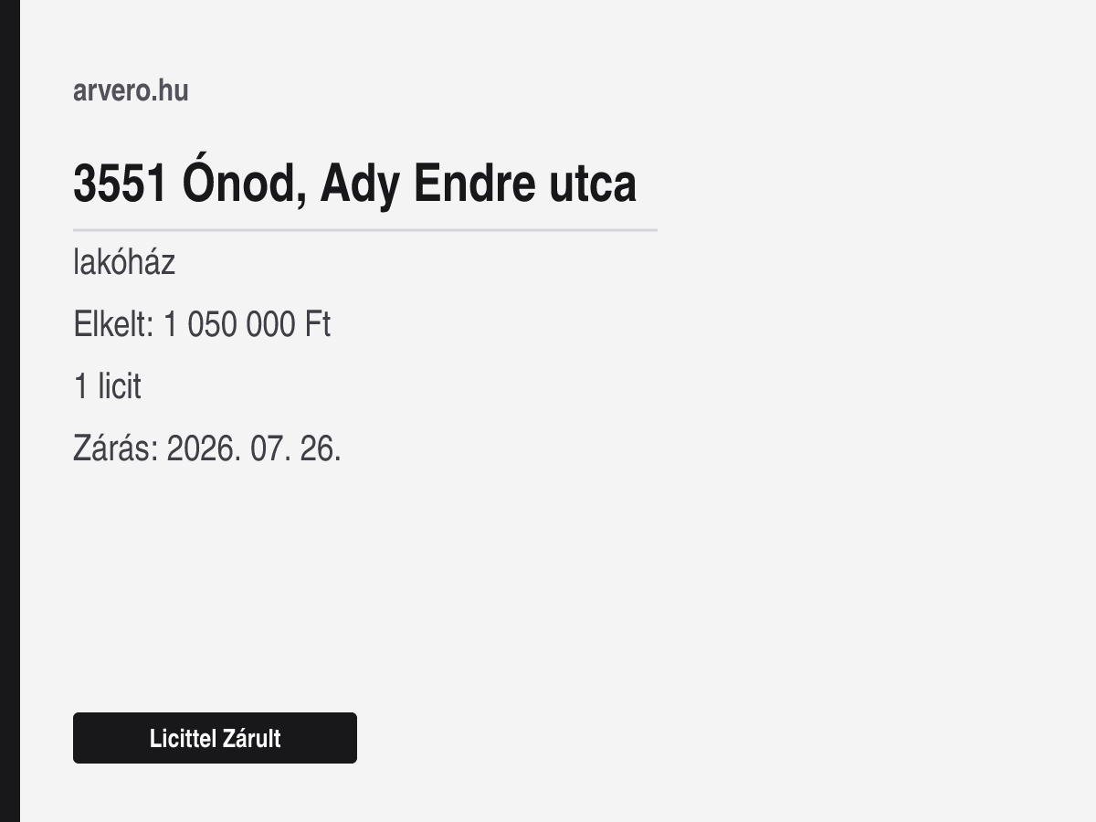 3551 Ónod, Ady Endre utca – lakóház – Licittel Zárult – Elkelt: 1 050 000 Ft – 1 licit – Zárás: 2026. 07. 26.