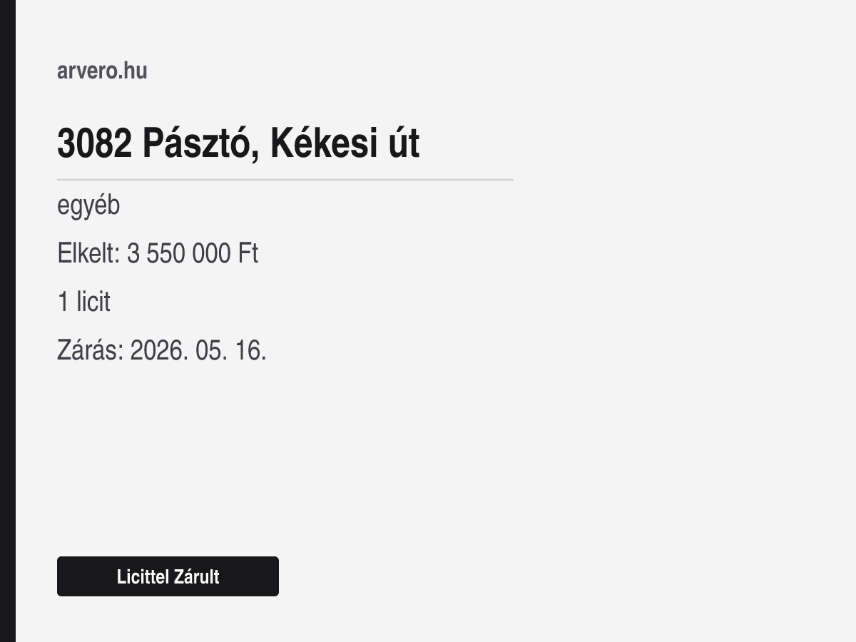 3082 Pásztó, Kékesi út – egyéb – Licittel Zárult – Elkelt: 3 550 000 Ft – 1 licit – Zárás: 2026. 05. 16.