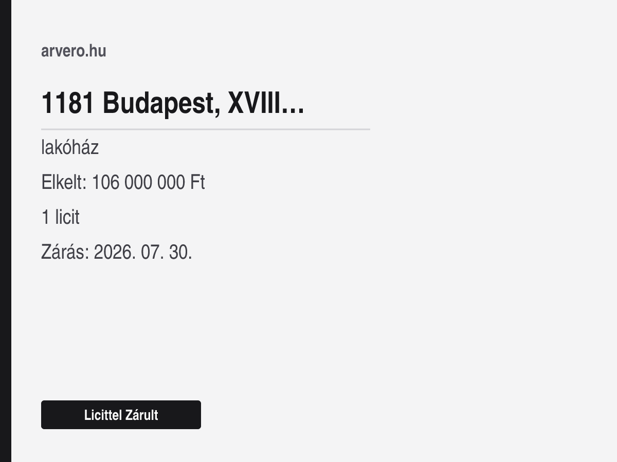 1181 Budapest, XVIII. Pestszentlőrinc–Pestszentimre, Gilice tér – lakóház – Licittel Zárult – Elkelt: 106 000 000 Ft – 1 licit – Zárás: 2026. július 30.