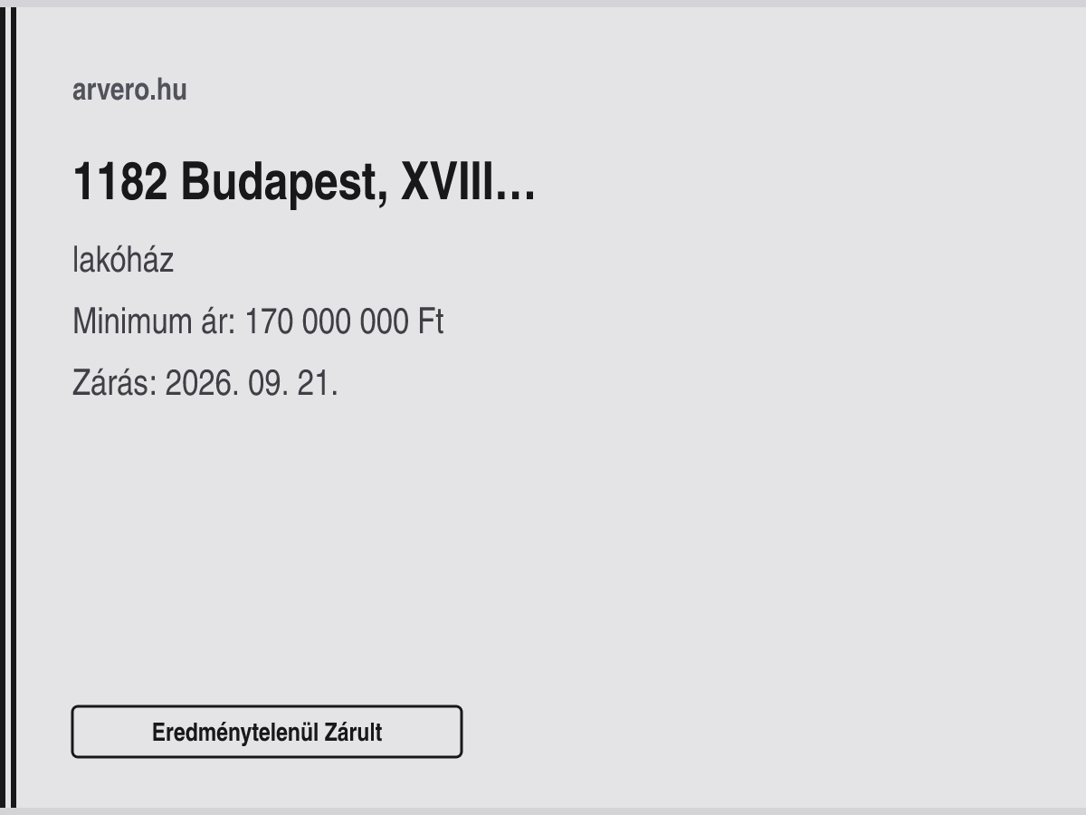 1182 Budapest, XVIII. Pestszentlőrinc–Pestszentimre, Üllői út – lakóház – Eredménytelenül Zárult – Minimum ár: 170 000 000 Ft – Zárás: 2026. 09. 21.
