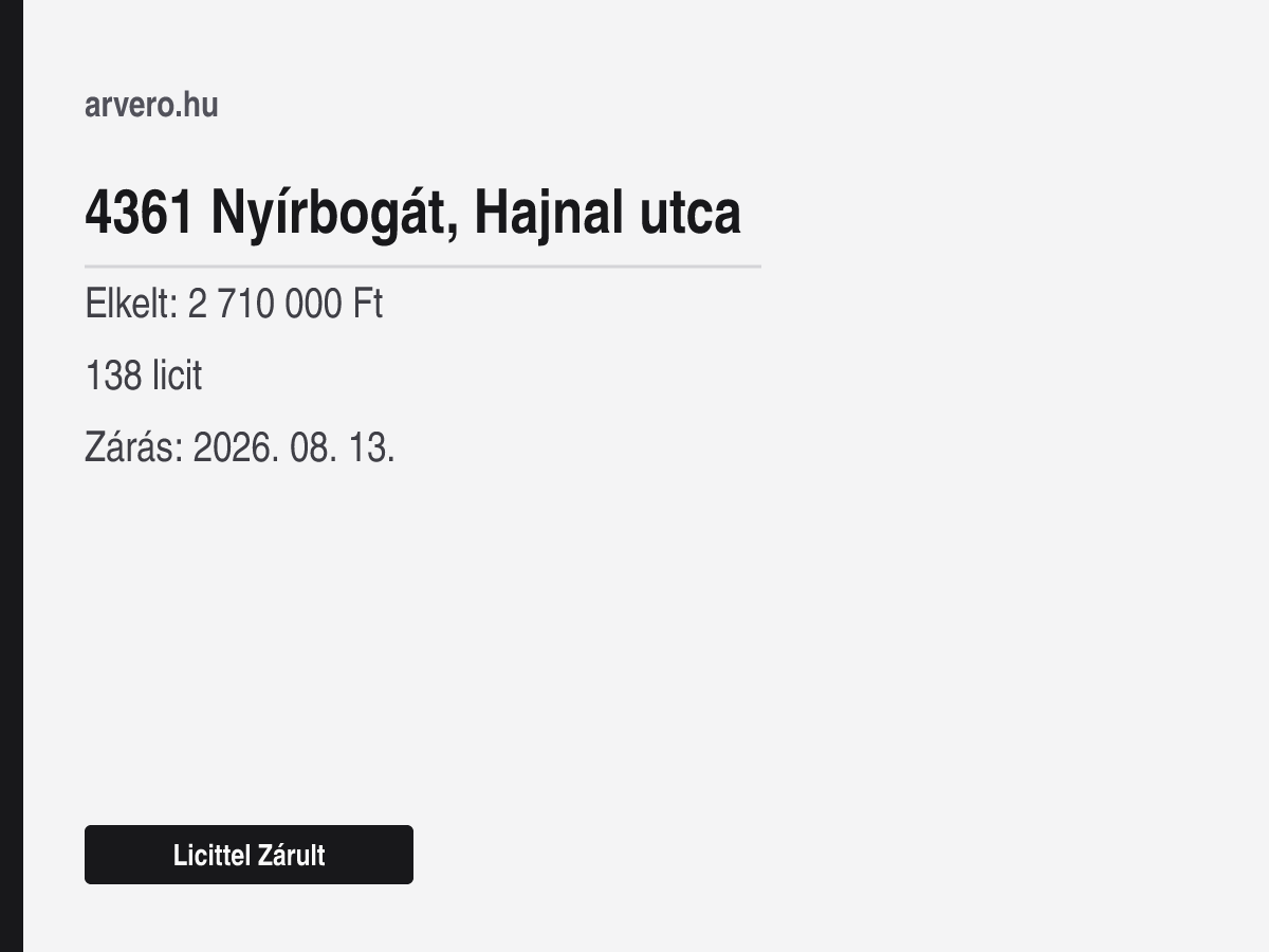 4361 Nyírbogát, Hajnal utca – Licittel Zárult – Elkelt: 2 710 000 Ft – 138 licit – Zárás: 2026. 08. 13.