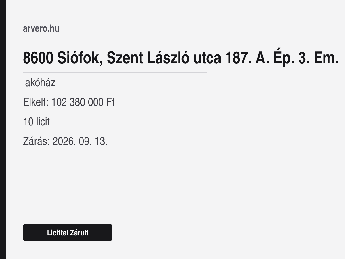 8600 Siófok, Szent László utca 187. A. Ép. 3. em. – lakás – Licittel Zárult – Elkelt: 102 380 000 Ft – 10 licit – Zárás: 2026. szeptember 13.