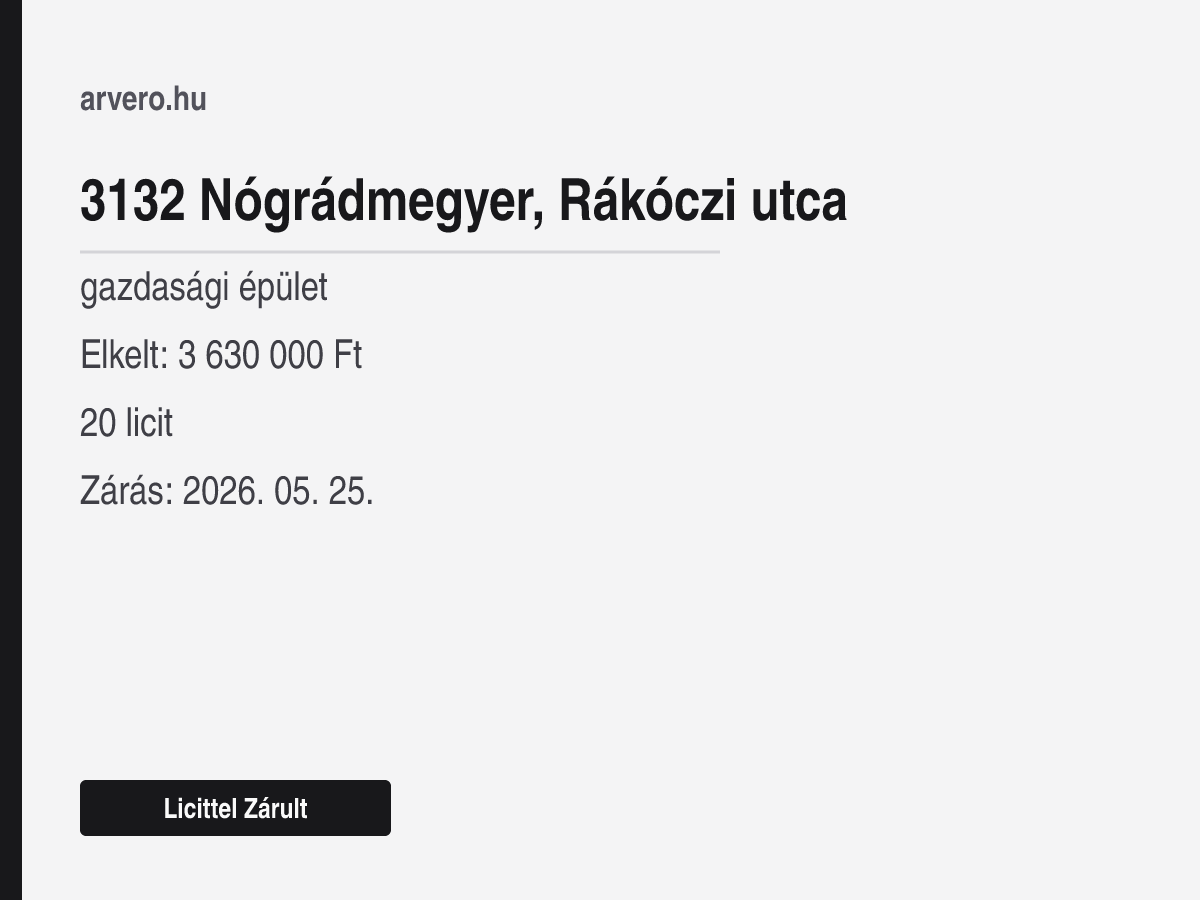 3132 Nógrádmegyer, Rákóczi utca – gazdasági épület – Licittel Zárult – Elkelt: 3 630 000 Ft – 20 licit – Zárás: 2026. 05. 25.