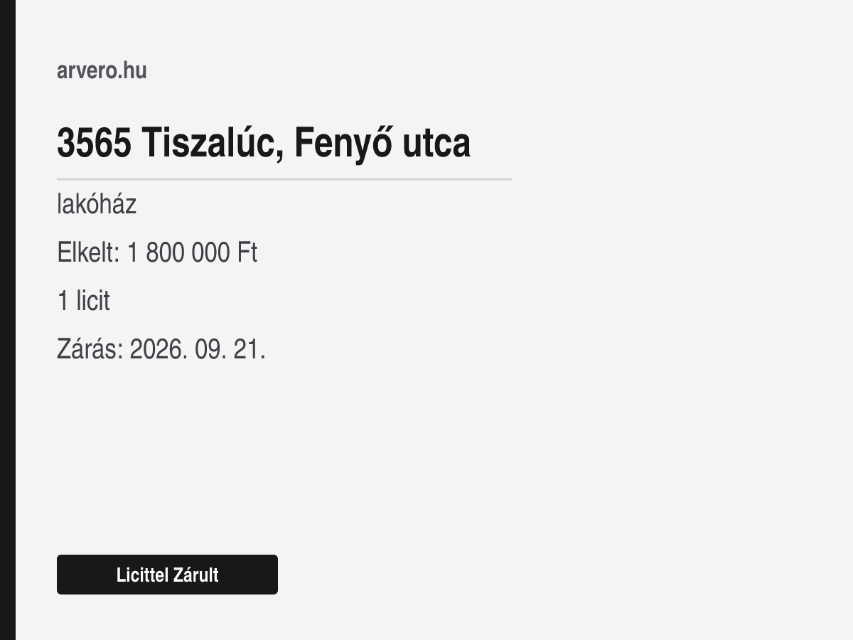 3565 Tiszalúc, Fenyő utca – lakóház – Licittel Zárult – Elkelt: 1 800 000 Ft – 1 licit – Zárás: 2026. 09. 21.
